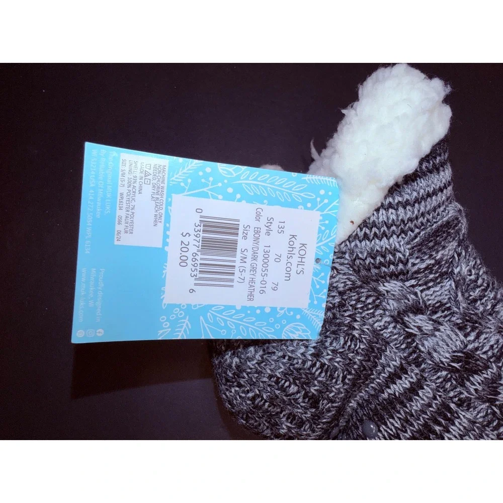 Muk Luks Shortie Cabin Socks Grey Cable Knit Faux Fur S/M 5-7 1300055-016